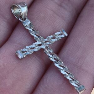 14k White GOLD Designer Signed Diamond-Cut Cross Necklace Pendant Vintage 1 gram